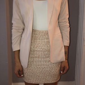 Pink Ruched Blazer and Glittery Tweed Skirt